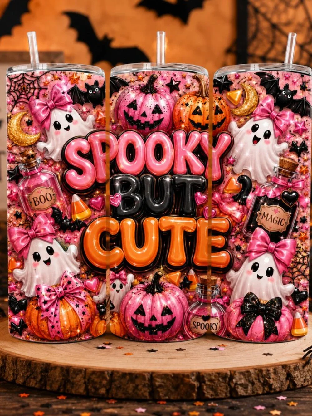 Spooky But Cute Halloween Tumbler, Pink Ghost 20oz Skinny Tumbler